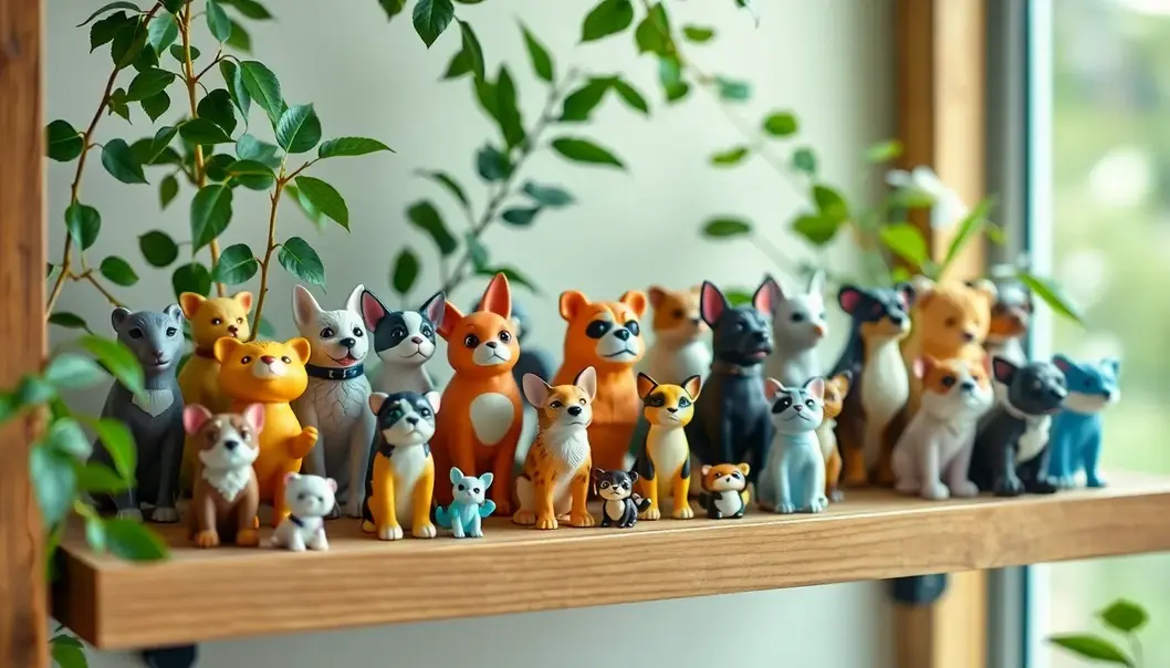 An array of diverse pet-themed collectible figures beautifully displayed on a shelf.