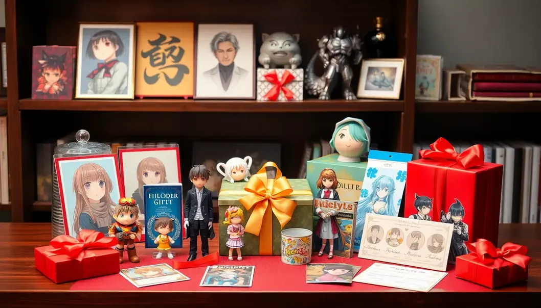 Anime-themed gifts including custom items, figures, and vouchers on a table.
