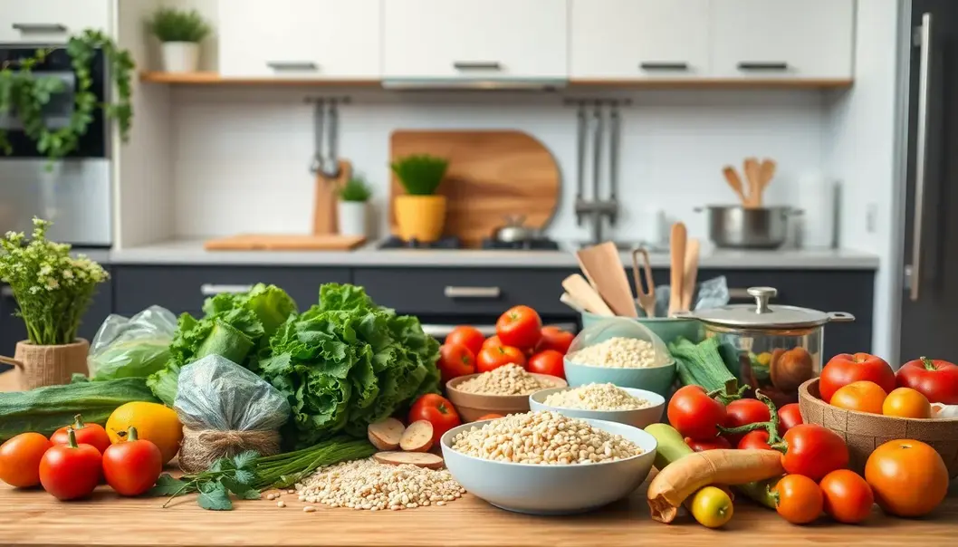 Fresh ingredients and kitchen tools arranged neatly in a modern kitchen setting.