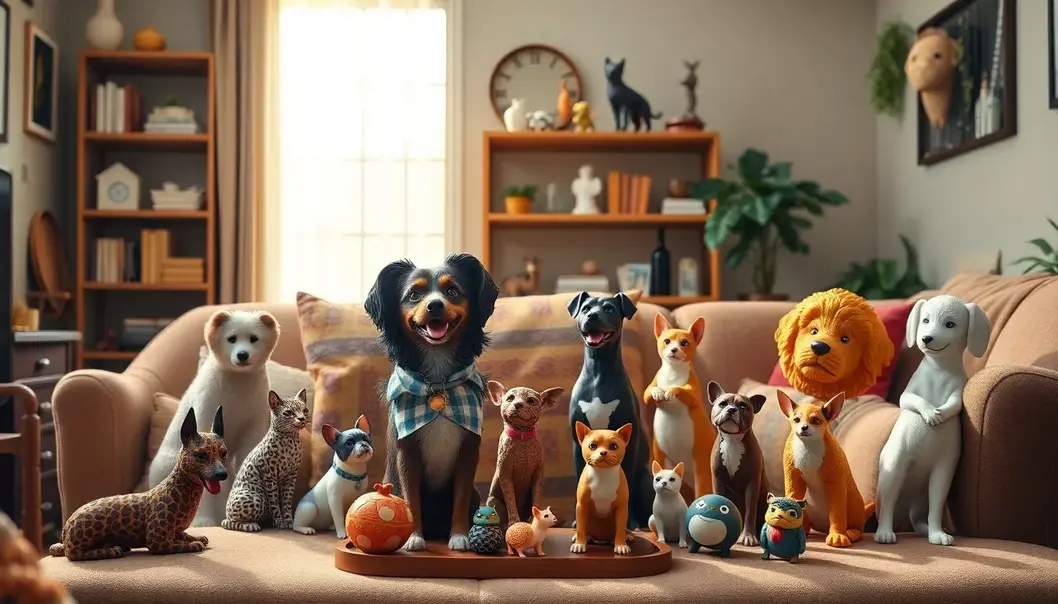A collection of pet-inspired figures warmly decorating a living space.