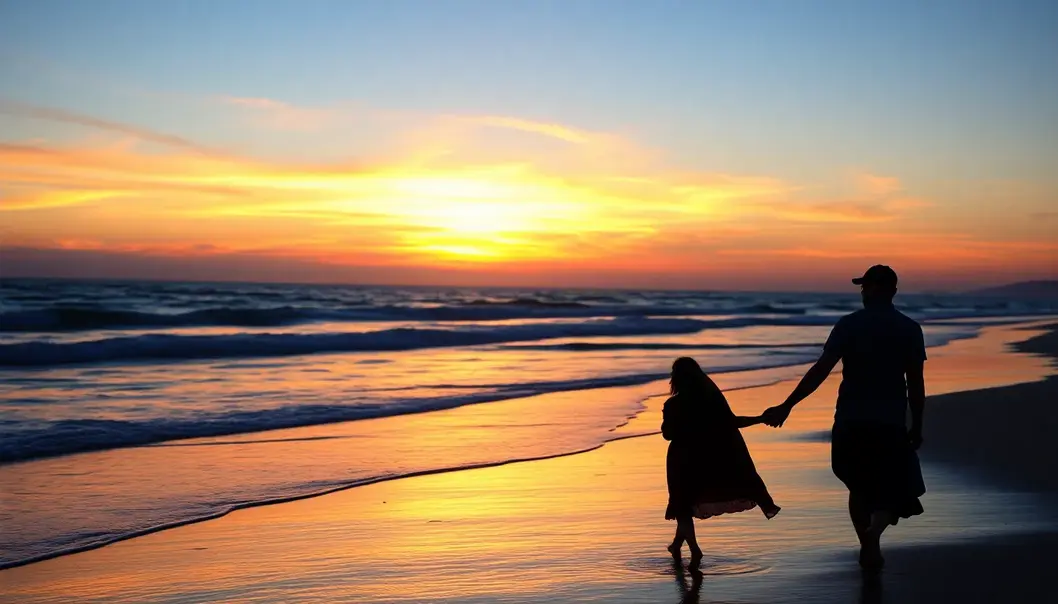 A couple walking on a beach at sunset, symbolizing harmony through self-love in marriage.