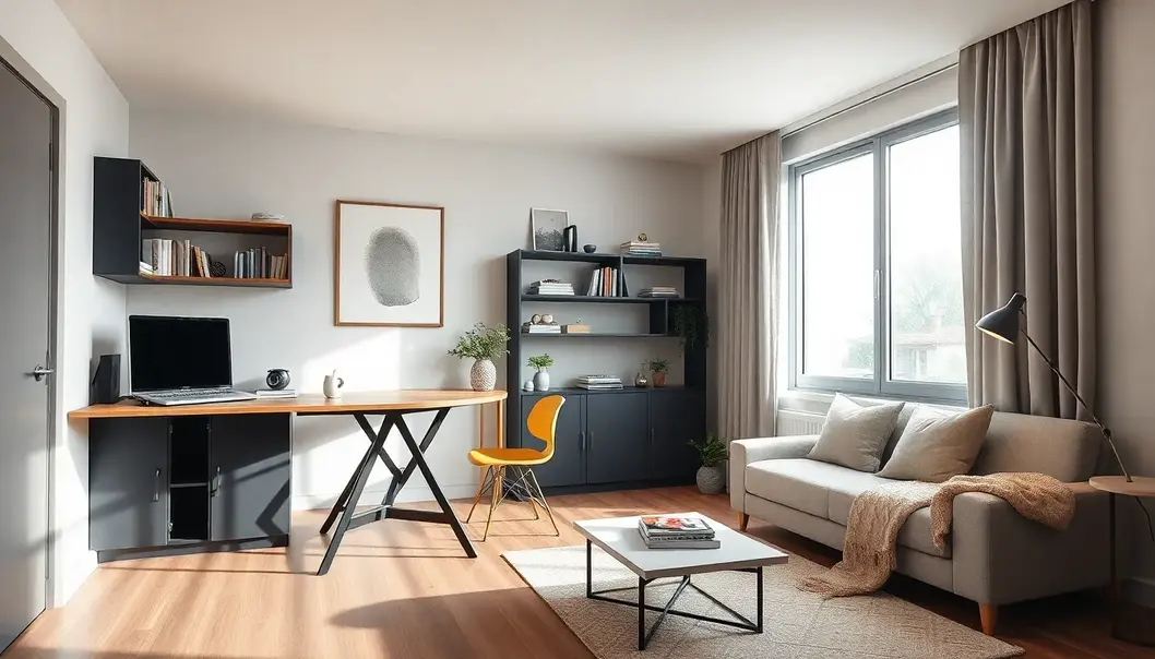 A small apartment transformed with multifunctional furniture to enhance productivity and save space.