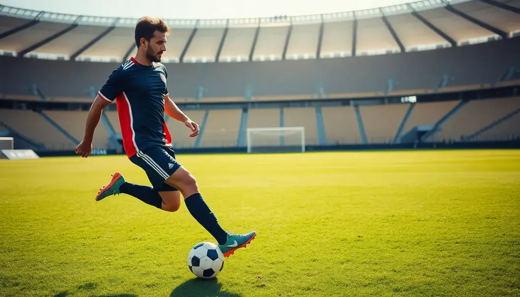 A professional soccer player practicing on a field, symbolizing dedication and focus.