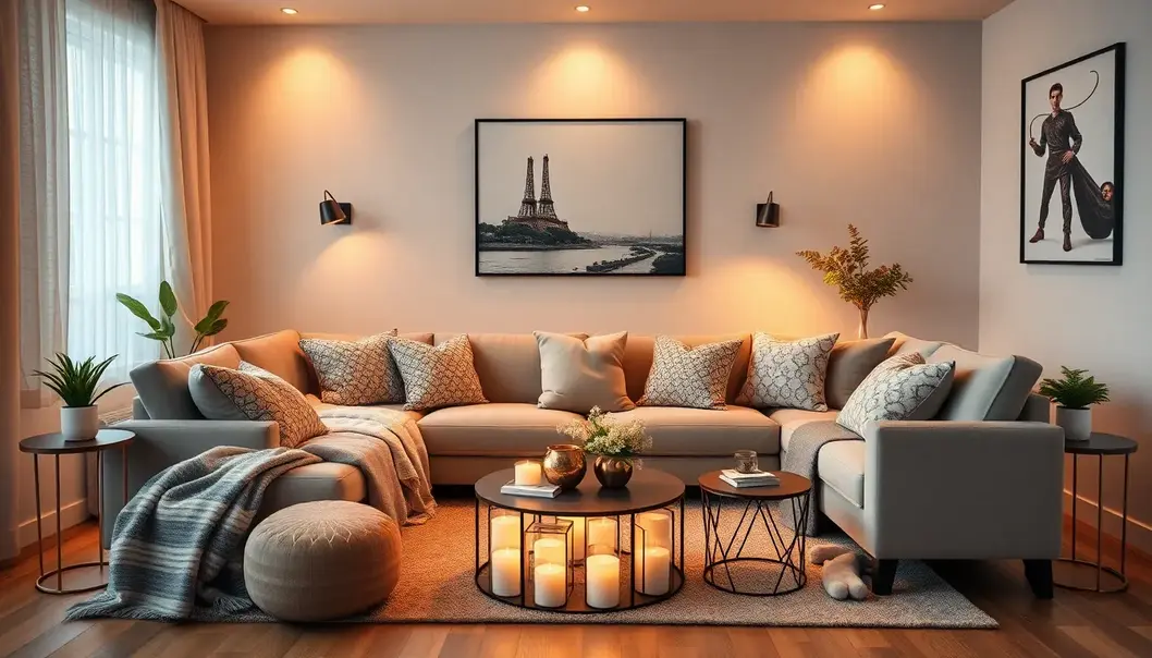 A stylish living room setup with a sofa and lighting arranged for a movie night.