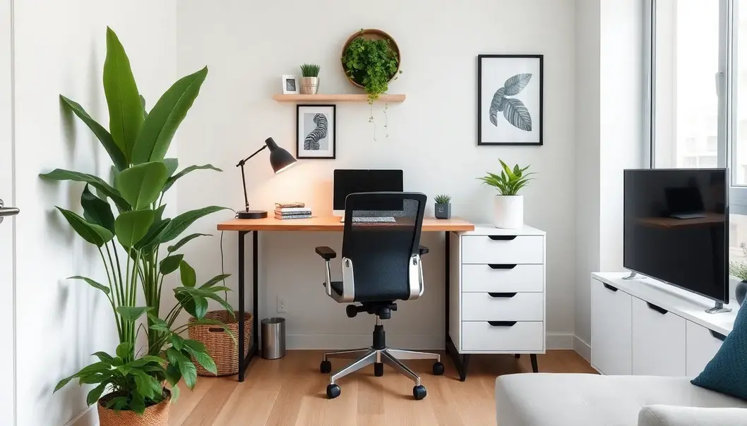 Image of a small apartment corner arranged as a modern home office with adaptable features.