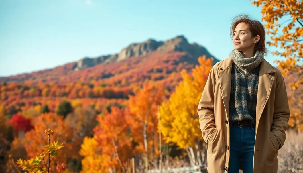 Person stylishly layered in eco-friendly clothing against a lush autumn backdrop.