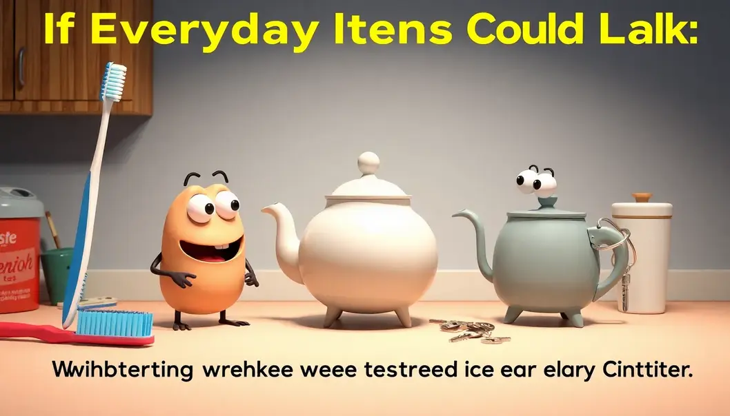 Toothbrush, teapot, and keys animated with human-like expressions conversing.